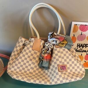 Checkered Beige Tote Bag with Scarf Accent